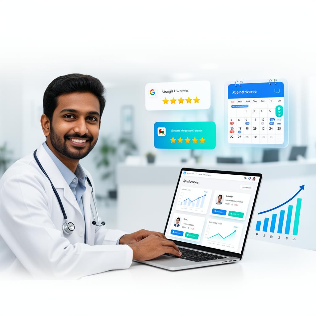 Doctor using laptop with appointment booking dashboard